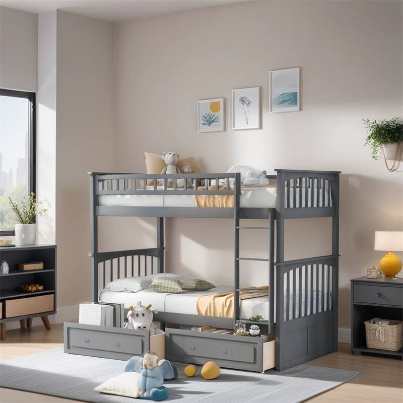 Twin Over Twin Wood Bunk Bed with Drawers and Guardrail