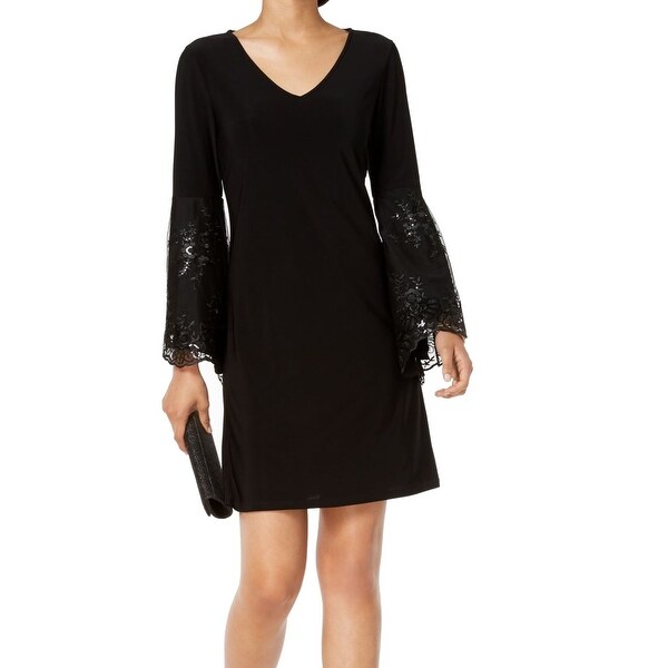 black v neck shift dress with sleeves