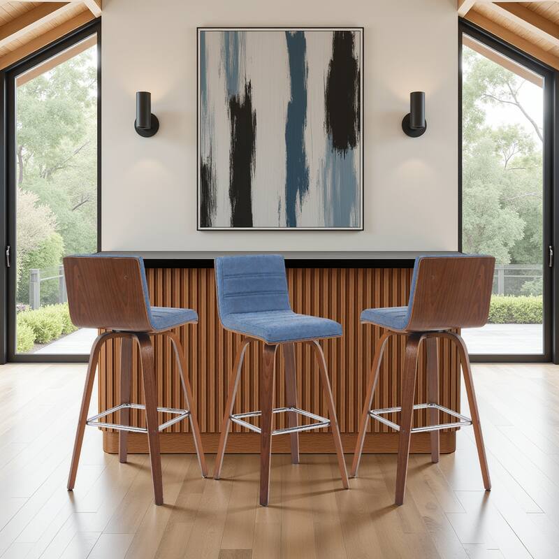 Skara Swivel Bar Stool, Upholstered Bar Height Chair with Bentwood Frame - Vintage Blue Faux Leather & Walnut - Set of 3
