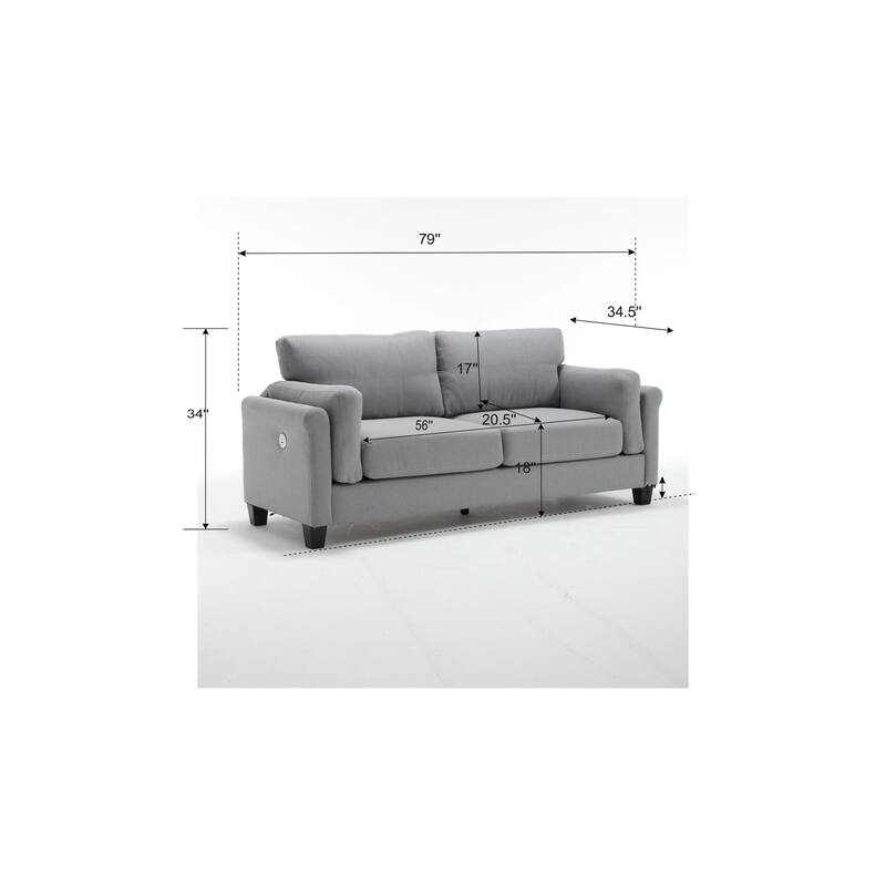 Gray Modern 79" Button Tufted Linen Upholstered 3-seater Sofa with 2 USB Ports and Solid Square Plastic Foot