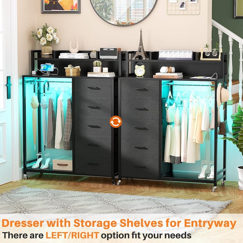5 Drawers Dresser with Charging Station & LED Lights, Chest of Drawers with Hanging Rod ＆ Lockable Wheels ＆ Storage Shelves