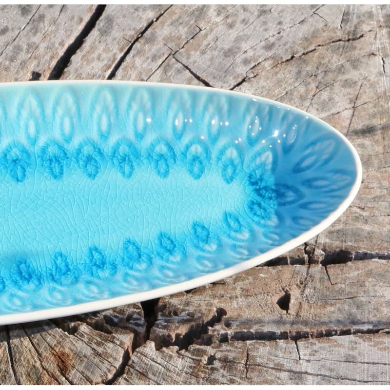 Euro Ceramica Peacock 13" Oval Crackle-Glazed Appetizer Platter - 13.63 in. x 4.81 in. x 1.38 in.