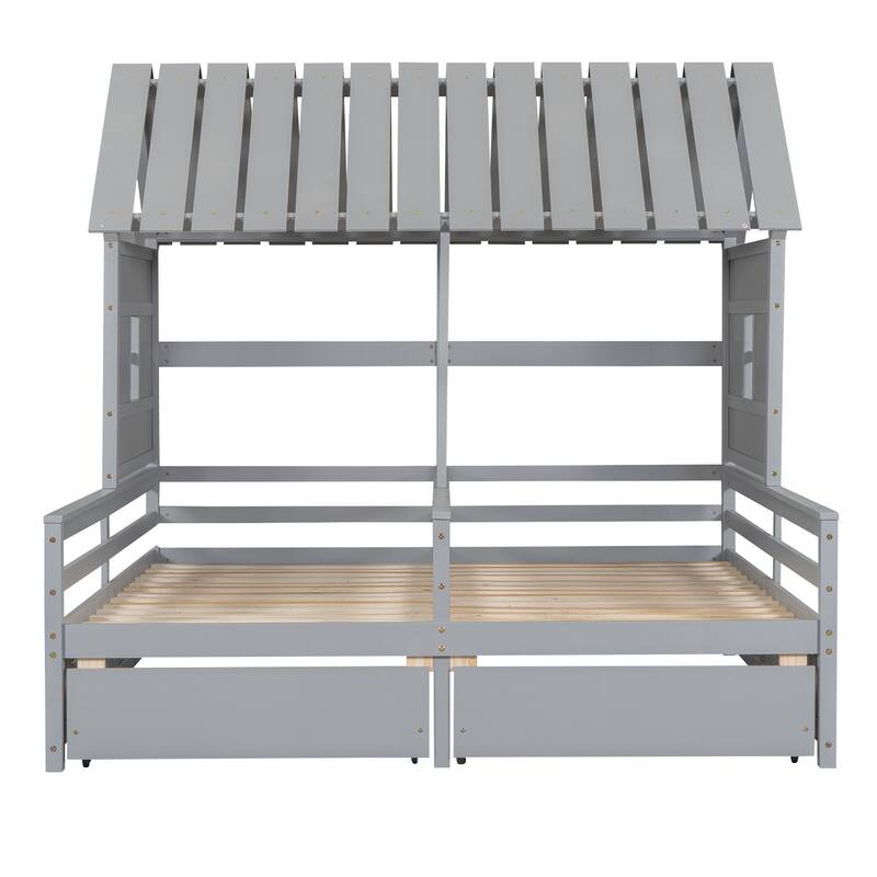 Twin Size House Platform Beds with Two Drawers for Boy and Girl Shared Beds, Combination of 2 Side by Side Beds, Gray
