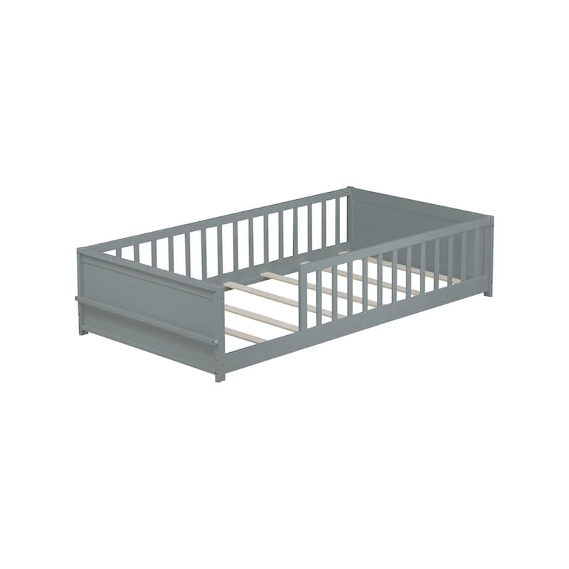 Twin Floor Bed with Built-in Bookcase Rubber Wood Low Profile Platform Bed
