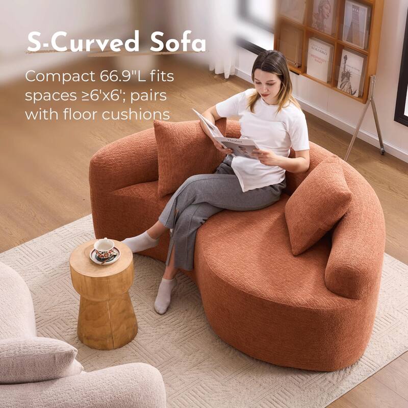 S-Curved Chenille Sectional Sofa: Dual-Depth (21.3" & 26.8"), Coral Pink, No Assembly, Compact for Small Spaces