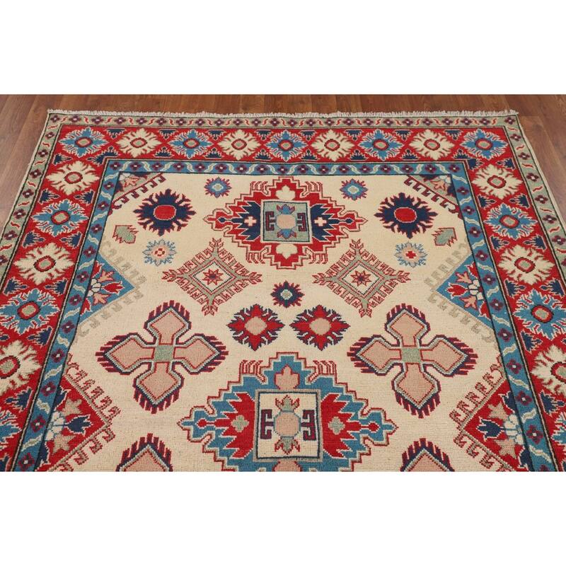 Kazak Area Rug Handmade Traditional Beige Wool Carpet - 5'0" x 7'11"