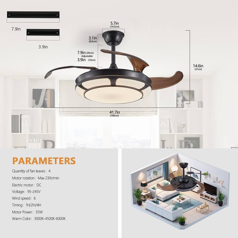 Modern Minimalist Invisible Ceiling Fan Light Retractable Fan for Living Room, Bedroom and Dining room