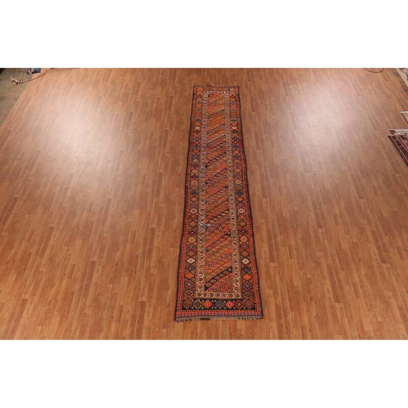 Hand Knotted Oriental 100% Wool Carpet Traditional Geometric Oranges & Rust Lori Runner Rug - 14' 9'' X 2' 10''