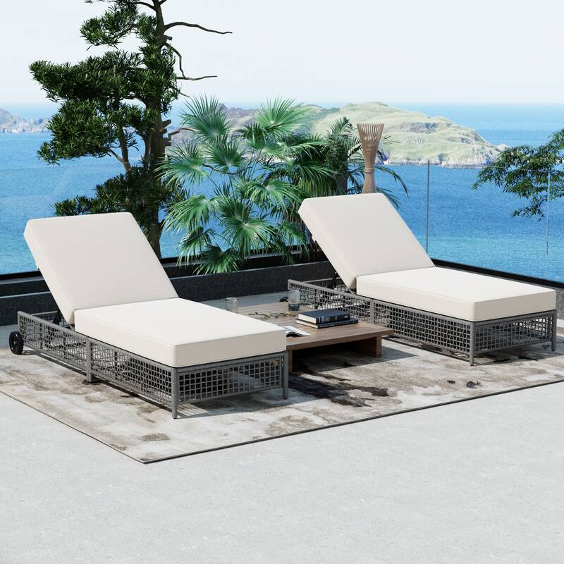 Outdoor Lounge Chair Set of 2, Patio Chaise Lounge with 5-Position Backrest for Poolside Backyard Garden - Grey