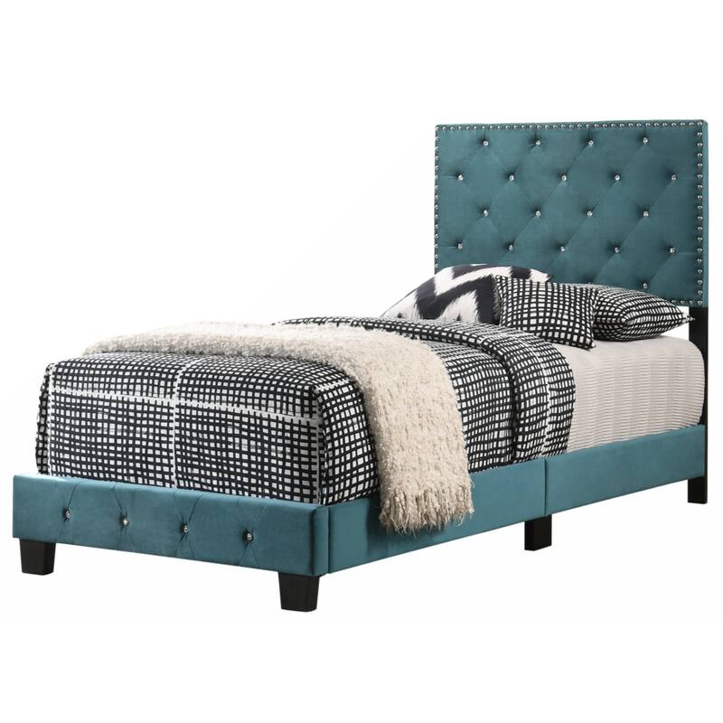 Green Velvet Platform Bed with Nailhead Trim, Twin Size