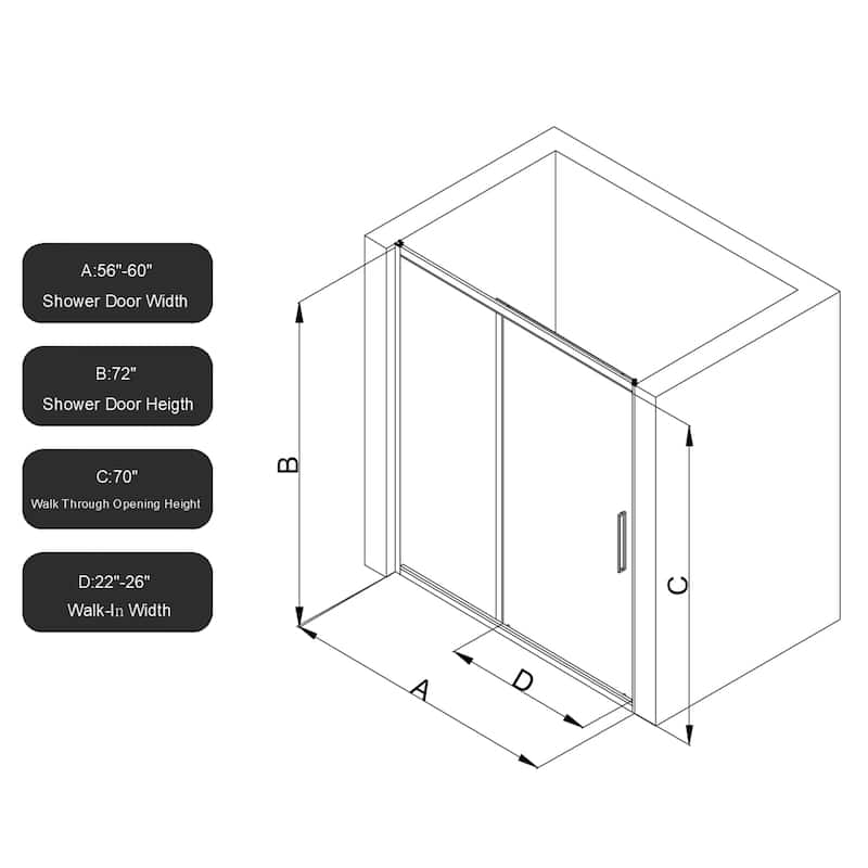 Single Sliding Shower Door Semi-Frameless Shower Glass Panel, 1/4" Clear Tempered Glass