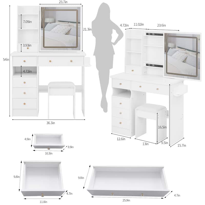 37" Middle Size Left Drawer Desktop Vanity Table + Cushioned Stool Dresser Set, Large Touch Control LED Sliding Mirror