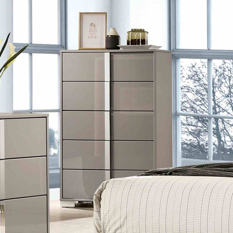 Modern Contemporary Light Taupe Bedroom Set With UV Finish and LED on Headboard