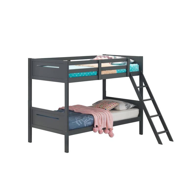Amey Wood Twin Bunk Bed with Angled Ladder, Guardrail, Slat Kit, Gray