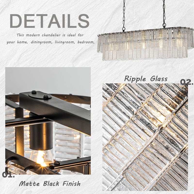 5-Light 39'' Matte Black Rectangle Elegant Ribbed Glass Chandelier Vintage Art Glass Pendant Light For Dining Room - W39''