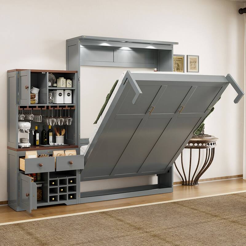 All-in-one Murphy Bed Queen Size Storage Bed Cabinet with Wine Rack, Glass Holder, Drawers, Open Shelves and LED Lights