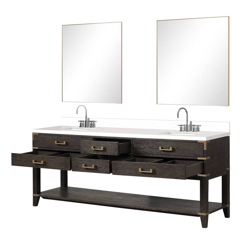 Norwalk 60 in W x 22 in D Black Oak Double Bath Vanity, Cultured Marble Top, Faucet Set, and 28 in Mirrors
