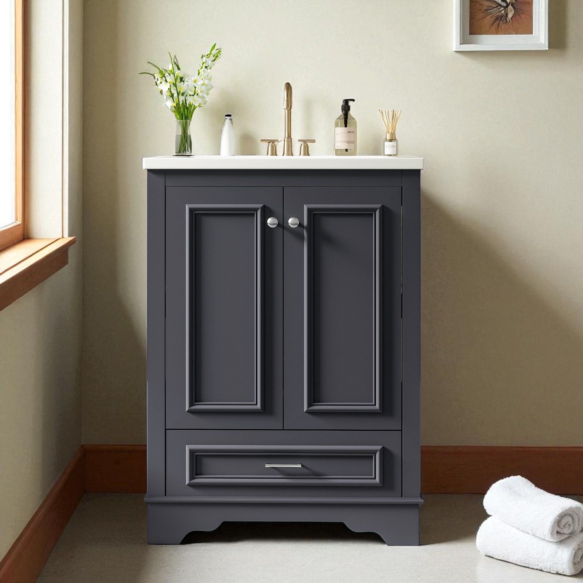 24'' Bathroom Vanity with Ceramic Sink, Freestanding Storage Cabinet with Soft Closing Doors and Drawer, Blue Gray Vanity