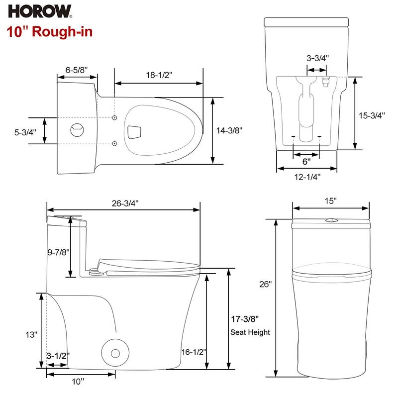 HOROW One-Piece 10 in. Rough-In 0.8/1.28 GPF Dual Flush Elongated Toilet in White