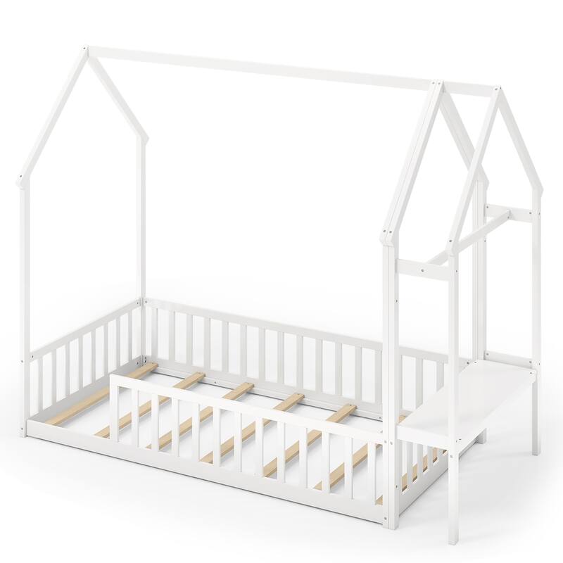 Gymax Twin House Floor Bed w/ Storage Shelf & Detachable Clothes