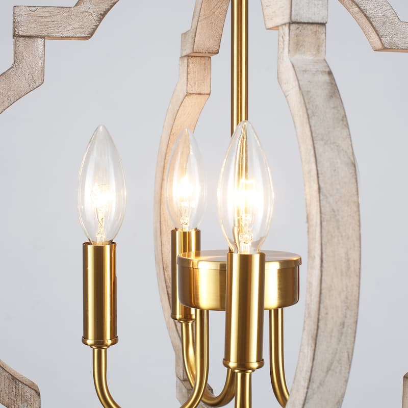 4-Light 16.33"W Wooden Lantern Rustic Chandeliers for Dining Room Kitchen