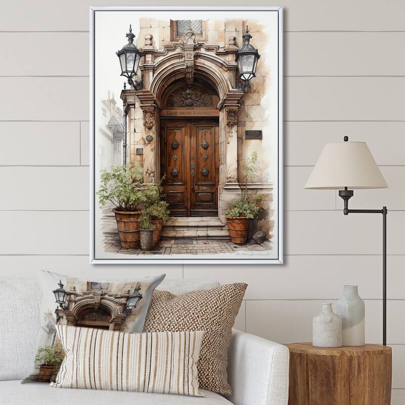 Designart "France Lyon Old Town Door II" France Framed Wall Art Prints - White - 12 in. wide x 20 in. high