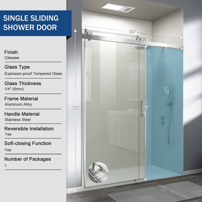 ABRUZZO 56-60" W x 76" H Frameless Soft-Closing Single Sliding Shower Door 1/4" (6mm) Explosion-Proof Tempered Glass