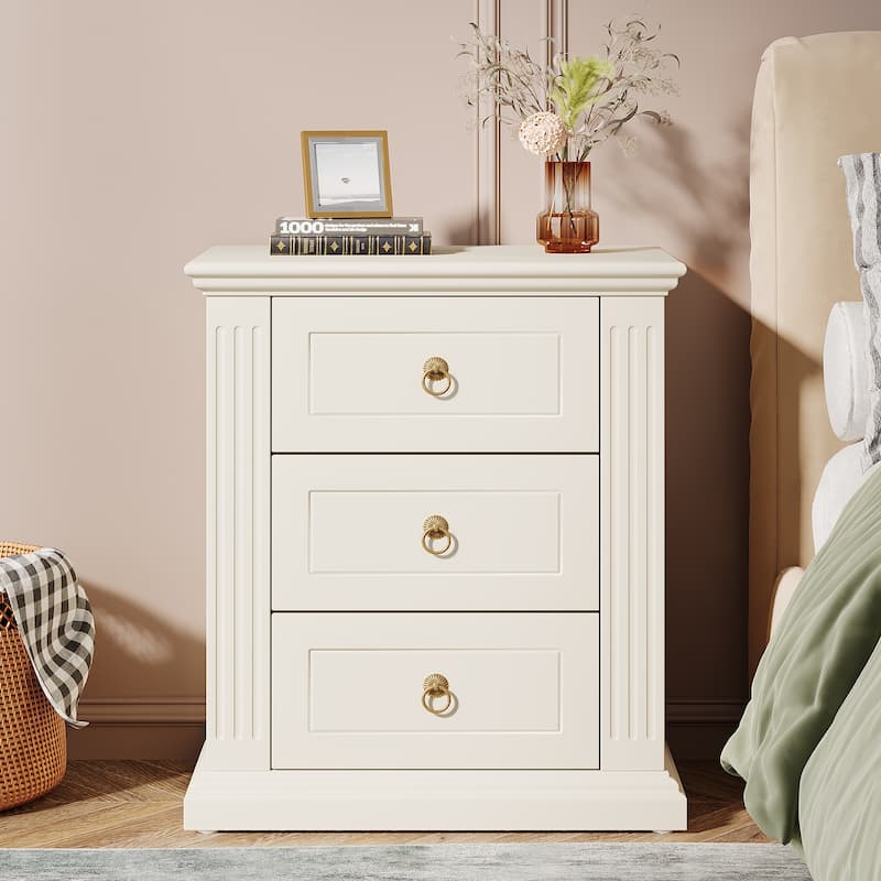 3-Drawer Nightstand, Modern Bedside Table - Beige