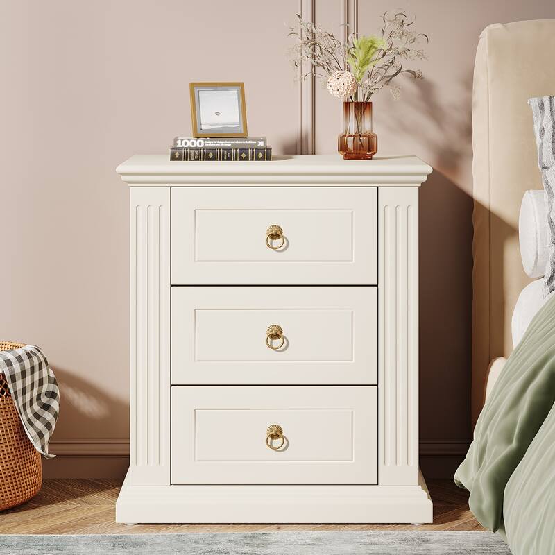 3 Drawer Nightstand Set of 2, Wood Night Stand Modern Bedside Table - Off-White