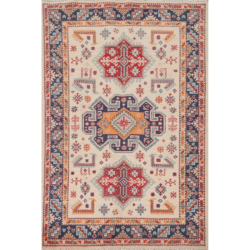 Kazak Area Rug Hand-Knotted Beige Geometric Wool Carpet - 4'0" x 6'1"