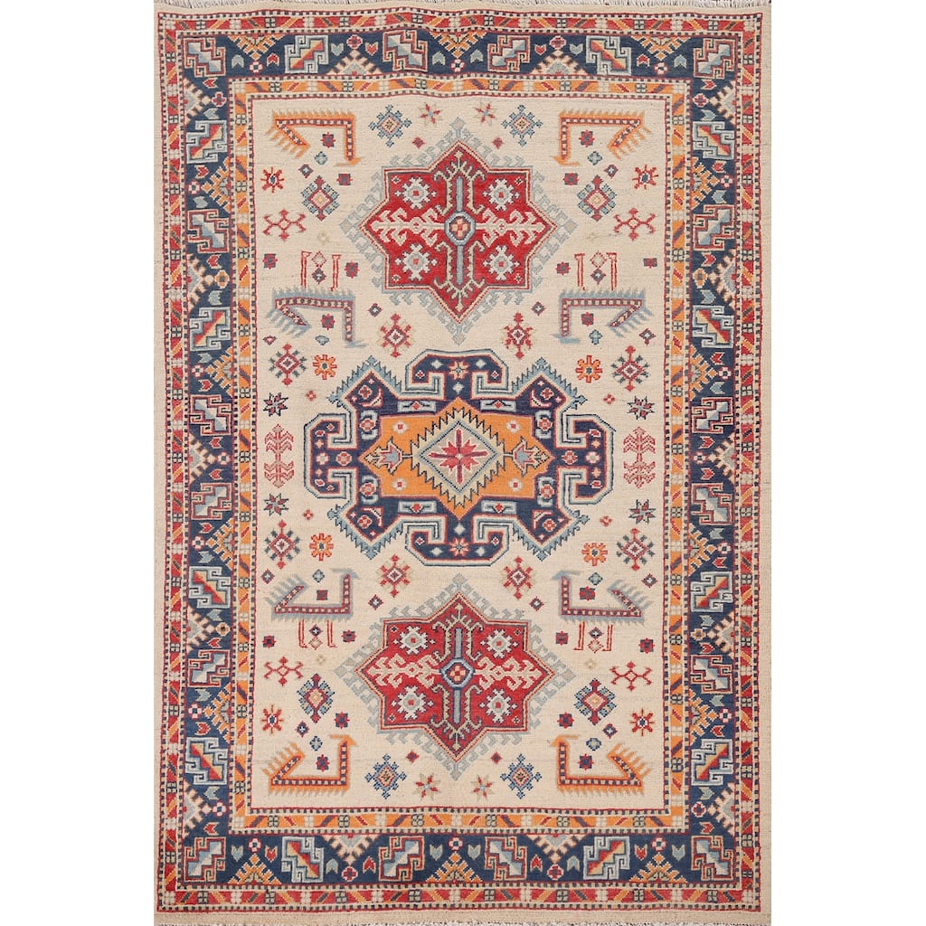 Kazak Area Rug Hand-Knotted Beige Geometric Wool Carpet - 4'0" x 6'1"