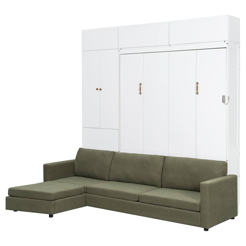 Roomfitters Queen Size Murphy Bed with Sofa and Shelves, Foldable Wall Bed with Storage Cabinet