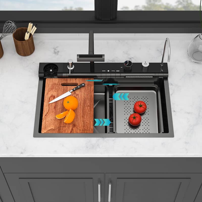 30" Drop-In 16 Gauge Single Bowl Stainless Steel Smart Digital Kitchen Sink with Faucet in Gunmetal Black - 30'' x 19'' x 9''