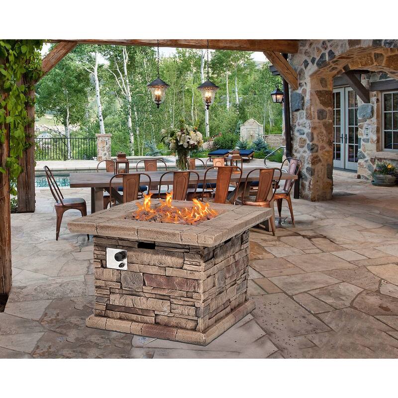 COSIEST Outdoor Square Propane Fire Pit Table w Faux Brown Ledgestone - 32" W x 32" D x 25" H
