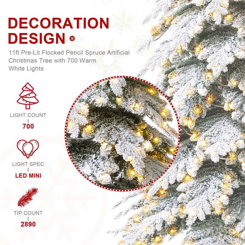 Glitzhome Snow-Flocked Chicago Frostwood Spruce Pre-Lit Artificial Christmas Trees-7.5/9/11 Foot