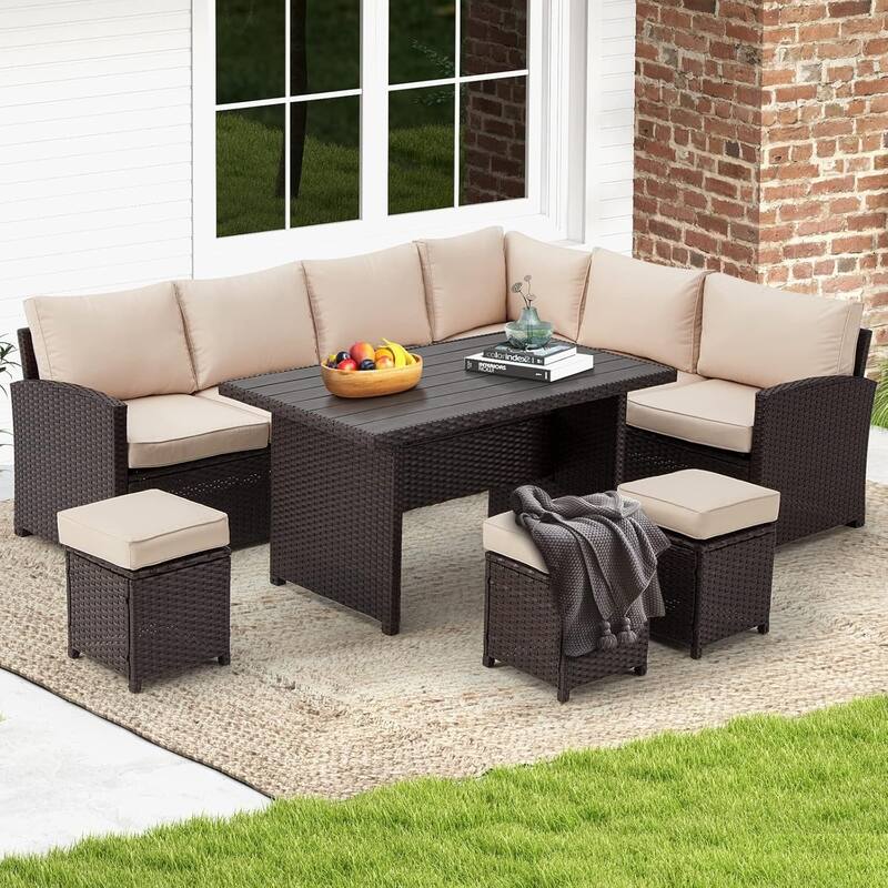 AECOJOY 7-Piece Outdoor Patio Wicker Sectional Sofa with Dining Table