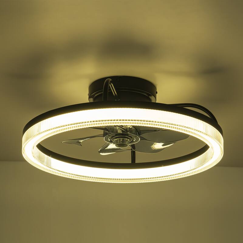 Modern Black Wheel Ring Semi-Flush Color-Change Integrated LED Ceiling Fan Lighting w/ Remote Control