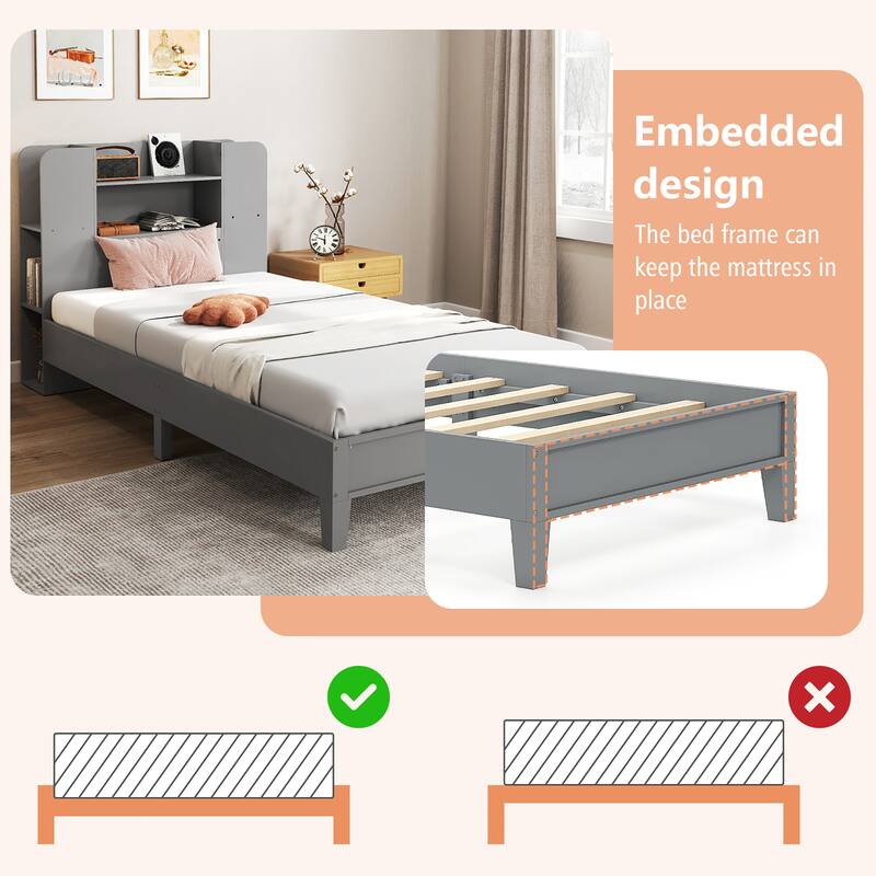 Gymax Twin Size Bed Frame Wooden Platform Bed Kids Bed Frame w/