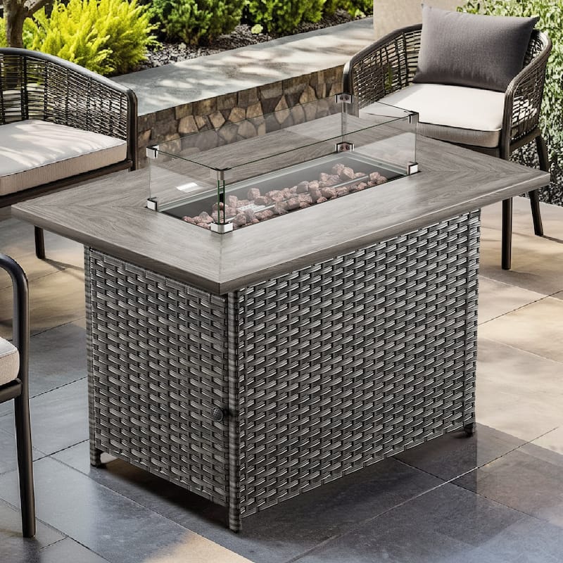 Meyreso 41 in. Rectangular Brown Wicker and Metal Propane Gas Outdoor Fire Pit Table with Lava Rocks, 50000 BTU - Grey - Propane Gas