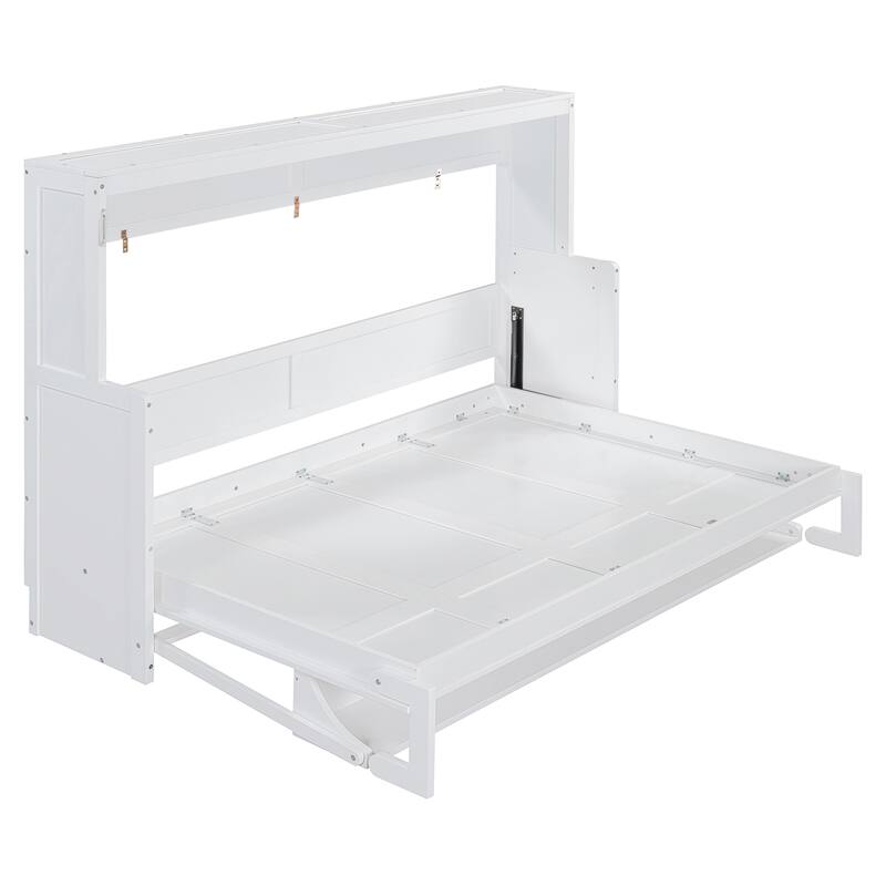 Space-Saving White Murphy Bed with Hydraulic Lift & Foldable Desk - Full/Queen Size