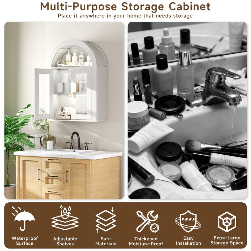 Wall Mounted Arched Cabinet with Glass Doors, Light and Adjustable Shelves for Laundry Room, Bathroom, Kitchen