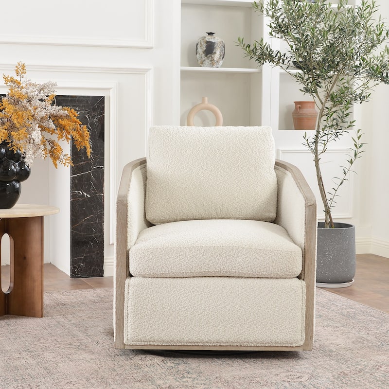 KINWELL 31"W Oak Frame Upholstered Swivel Barrel Armchair