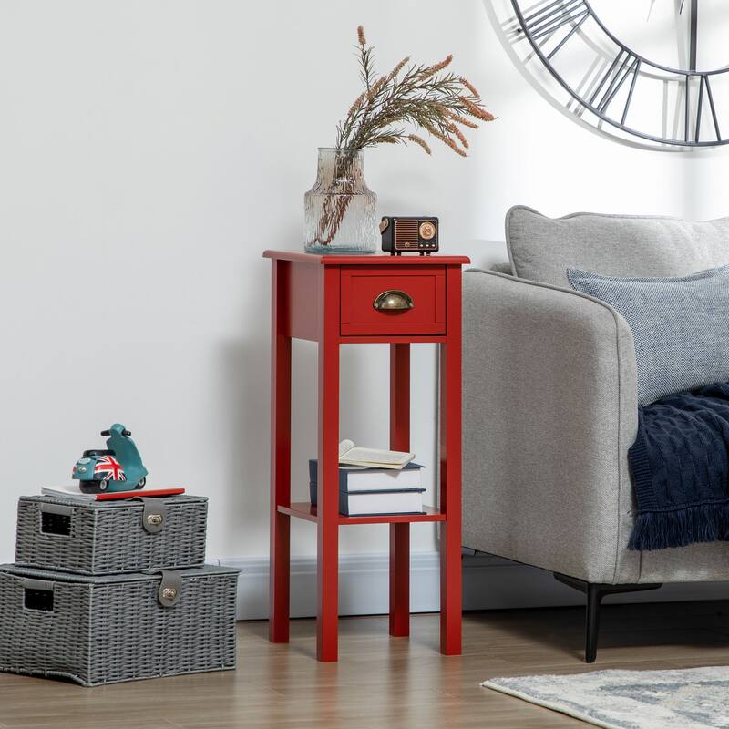 2-Tier Side Table with Drawer, Narrow End Table with Bottom Shelf, for Living Room or Bedroom, Red