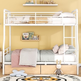 Contemporary & Simple Full XL over Queen Metal Bunk Bed with 2 Drawers & Guardrails, Save Space or Split Into 2 Beds, White