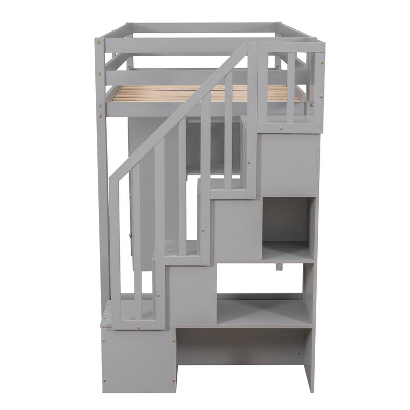 Twin Loft Bed with Storage Drawers, Shelves, and Stairs in Gray
