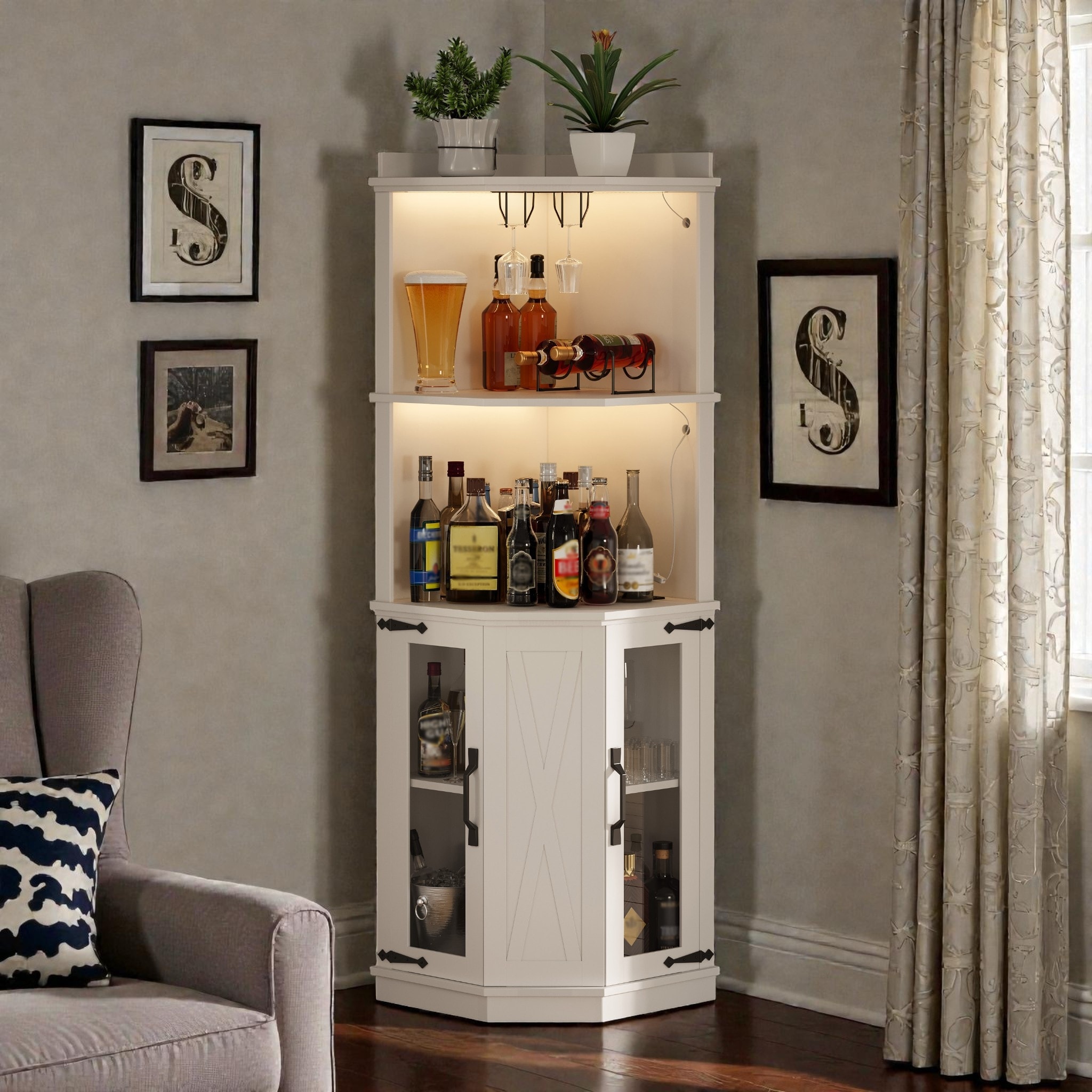 67.3" Corner Bar Cabinet with Power Outlet, LED Lighting, Console Cabinet, Sideboard Buffet Cabinet Wine Storage & Glass Rack