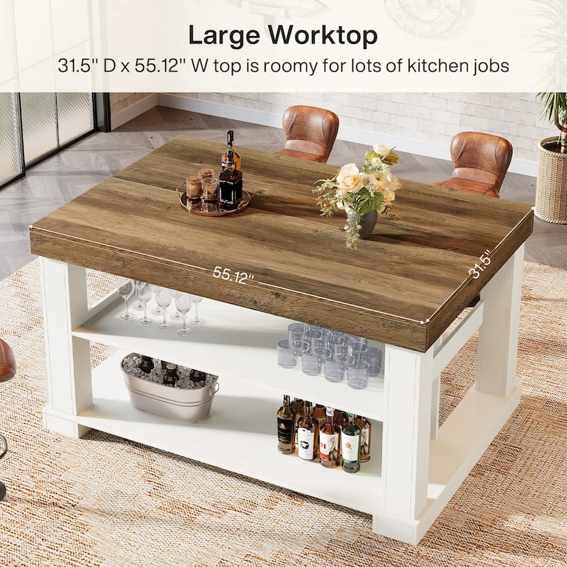 55-Inch Stationary Kitchen Island with Storage Shelves and Large Worktop, Farmhouse Style, Light Brown