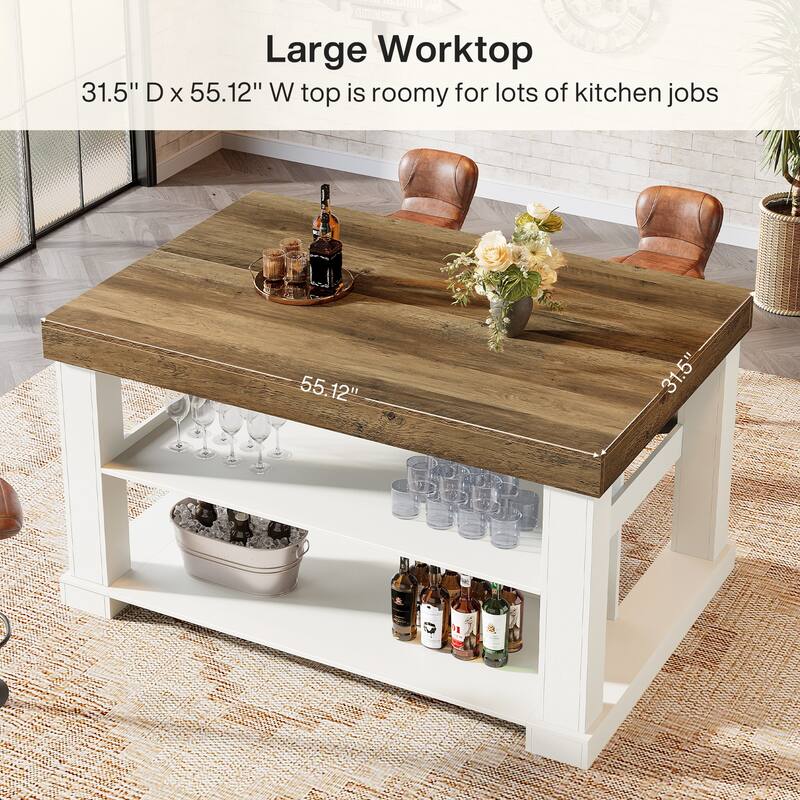 59 Inch Stationary Kitchen Island with Seating and Shelves, Farmhouse Style - 31.5" D x 55.12" W x 35.43" H