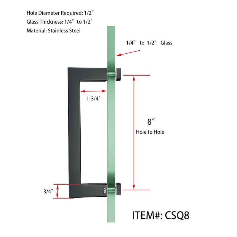 CEL 8" Square Tubing Singled-Sided Pull Handle for shower door