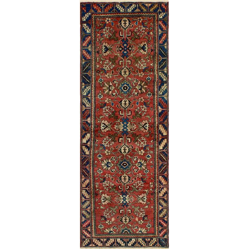 Fine Vintage Distressed Bousseh Rust/Navy Runner - 3'2" x 9'1"